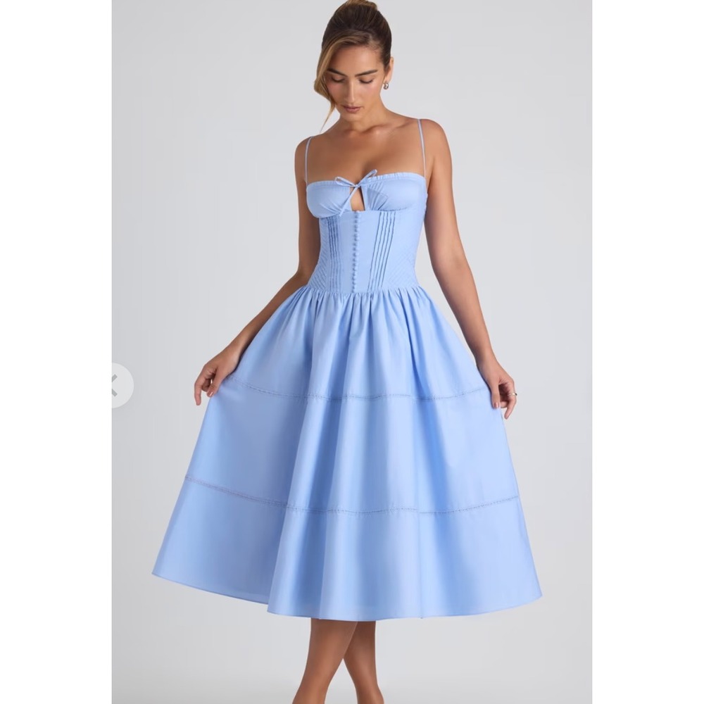 Oh Polly Midi Dress Womens US 0 Blue Corset Pintuck Tiered Cotton Milkmaid
